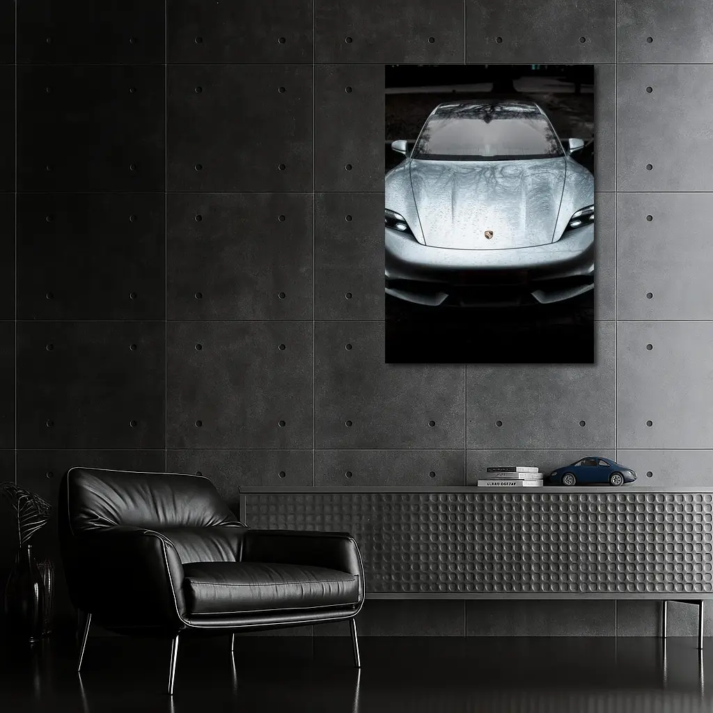 Porsche Taycan Silver Wet Hood Front View – Wall Art