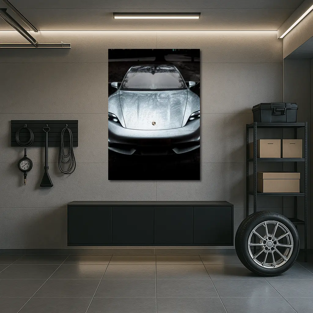 Porsche Taycan Silver Wet Hood Front View – Wall Art