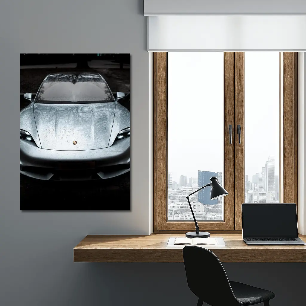 Porsche Taycan Silver Wet Hood Front View – Wall Art
