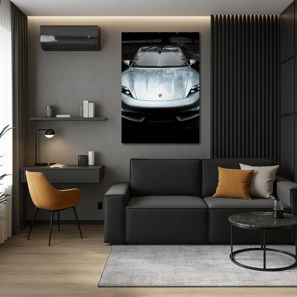 Porsche Taycan Silver Wet Hood Front View – Wall Art