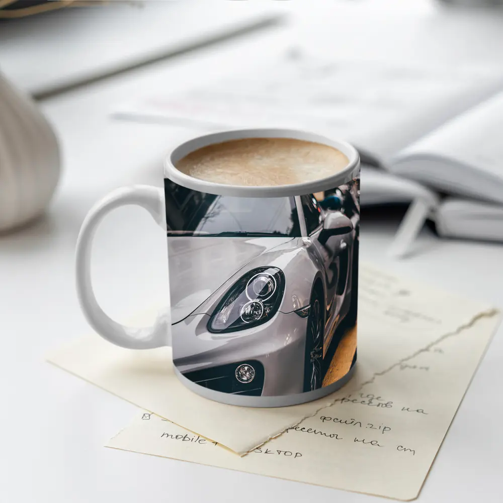 Porsche Cayman Silver Street Urban Setting – Mugs