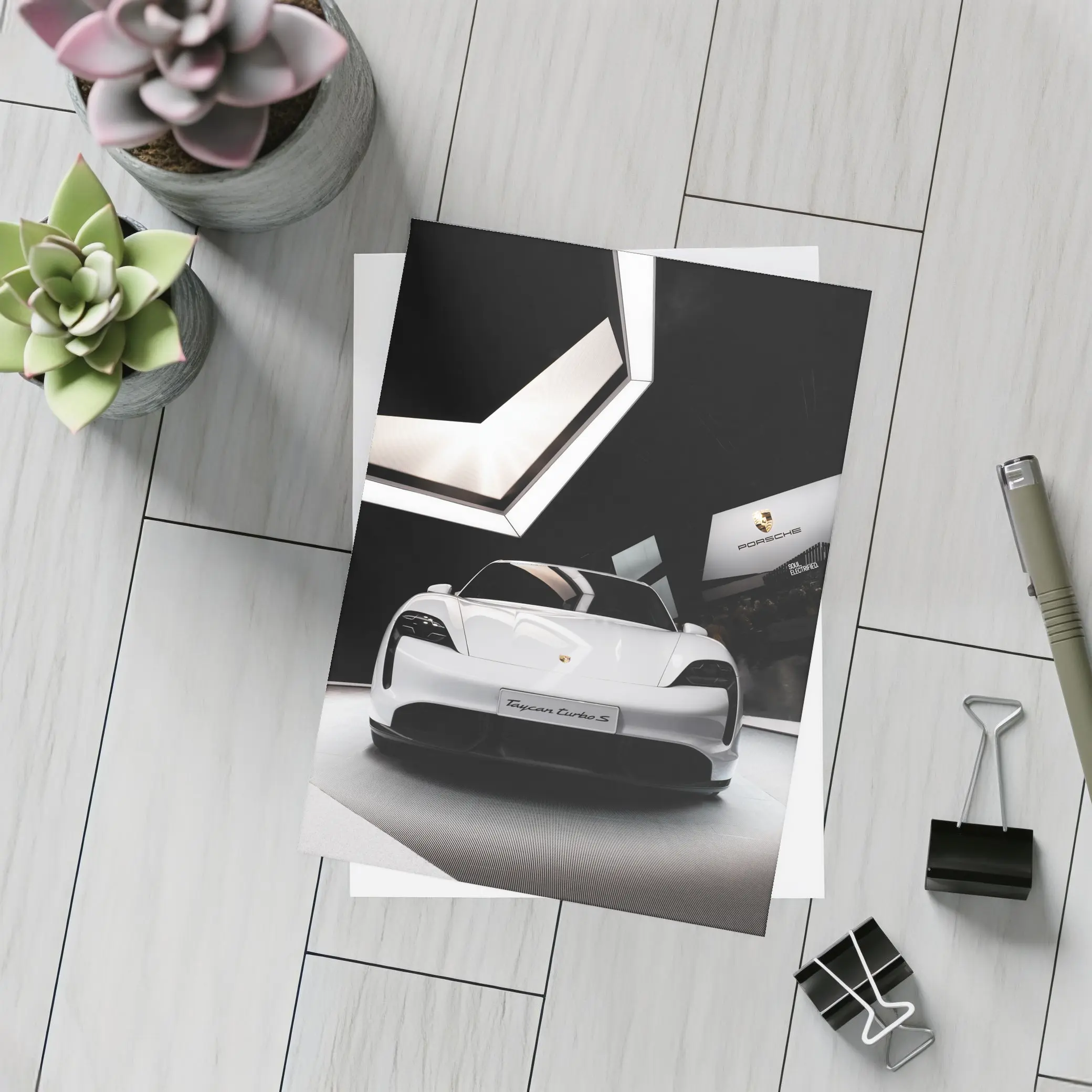 Porsche Taycan Turbo S White Showroom – Postcards
