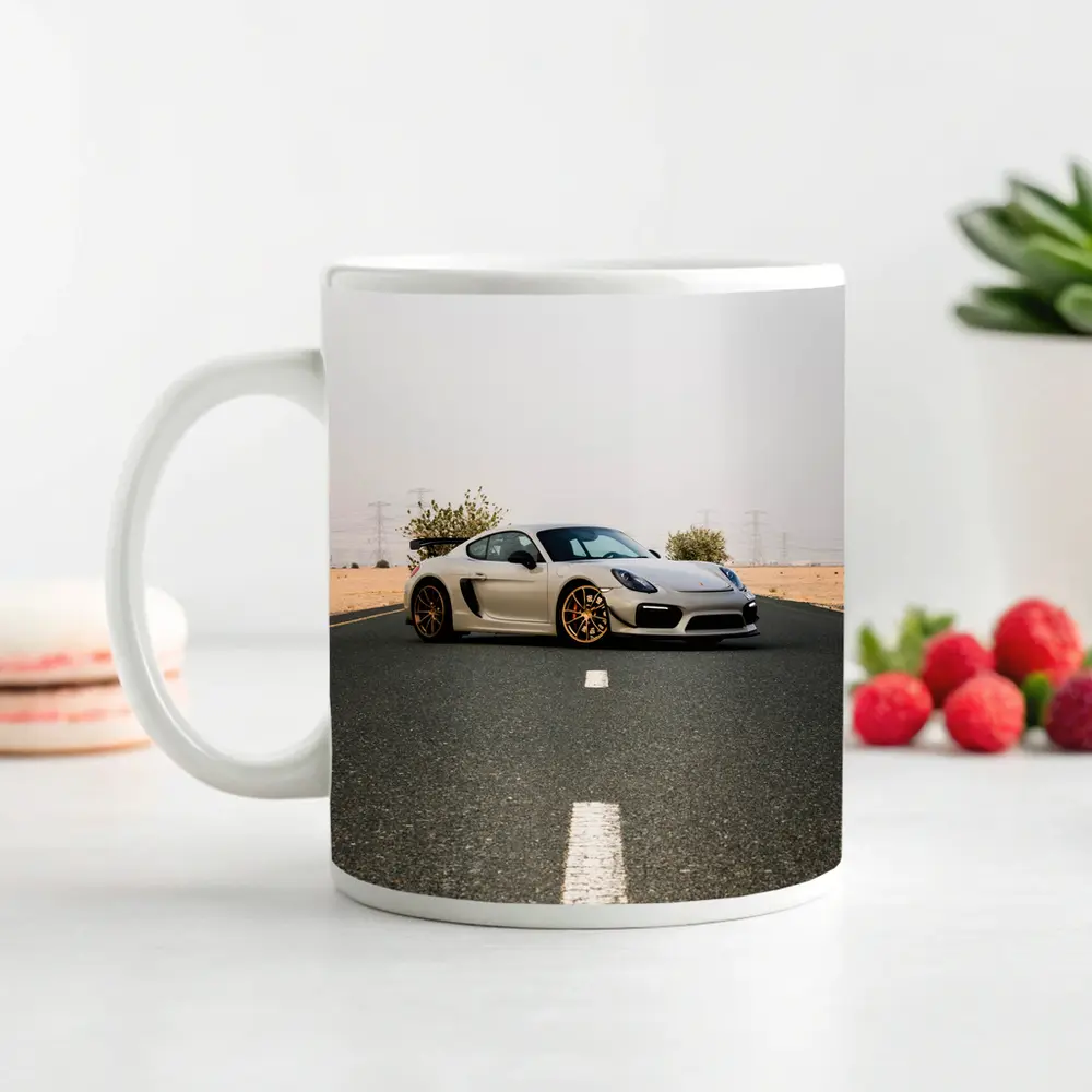 Porsche Cayman GT4 On Desert Road – Mugs