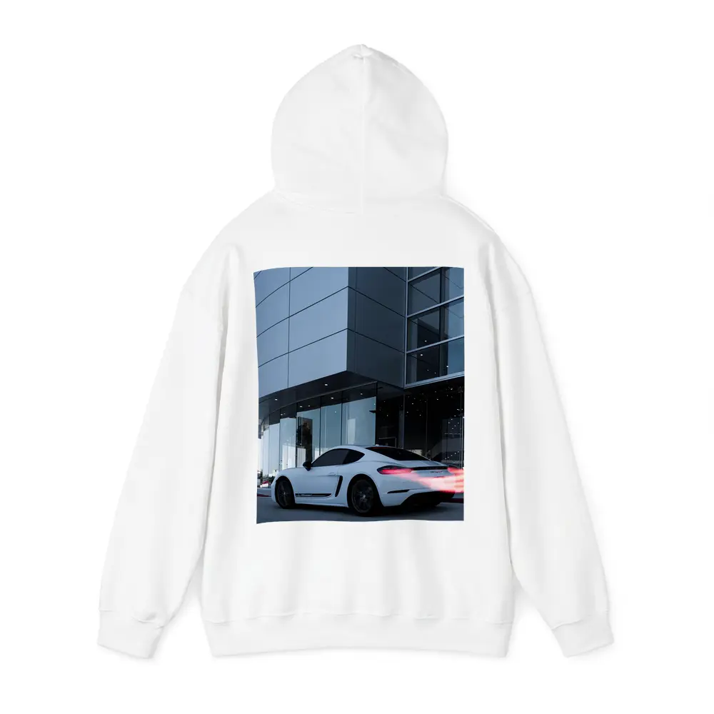 Porsche Cayman White Outside Modern Glass Building – Hoodies