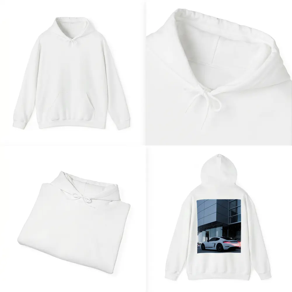 Porsche Cayman White Outside Modern Glass Building – Hoodies