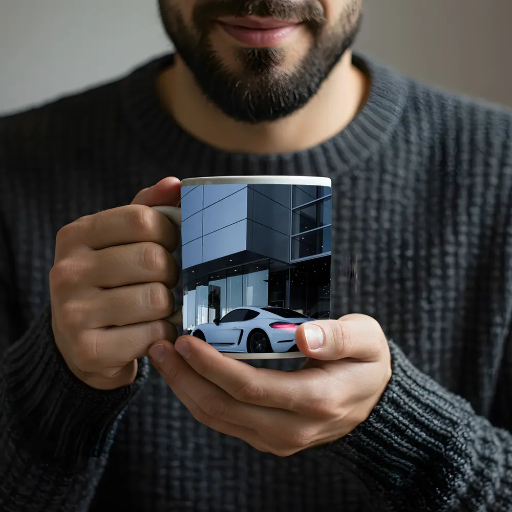 Porsche Cayman White Outside Modern Glass Building – Mugs
