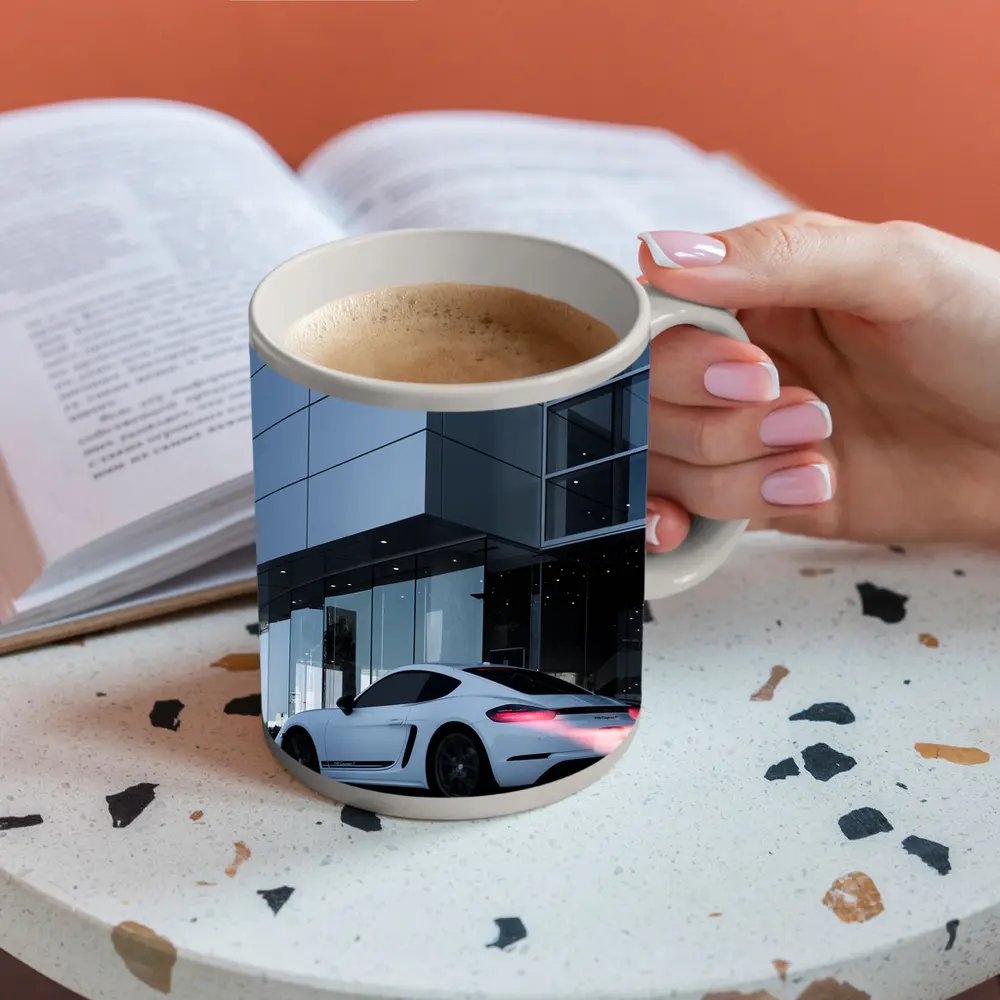 Porsche Cayman White Outside Modern Glass Building – Mugs