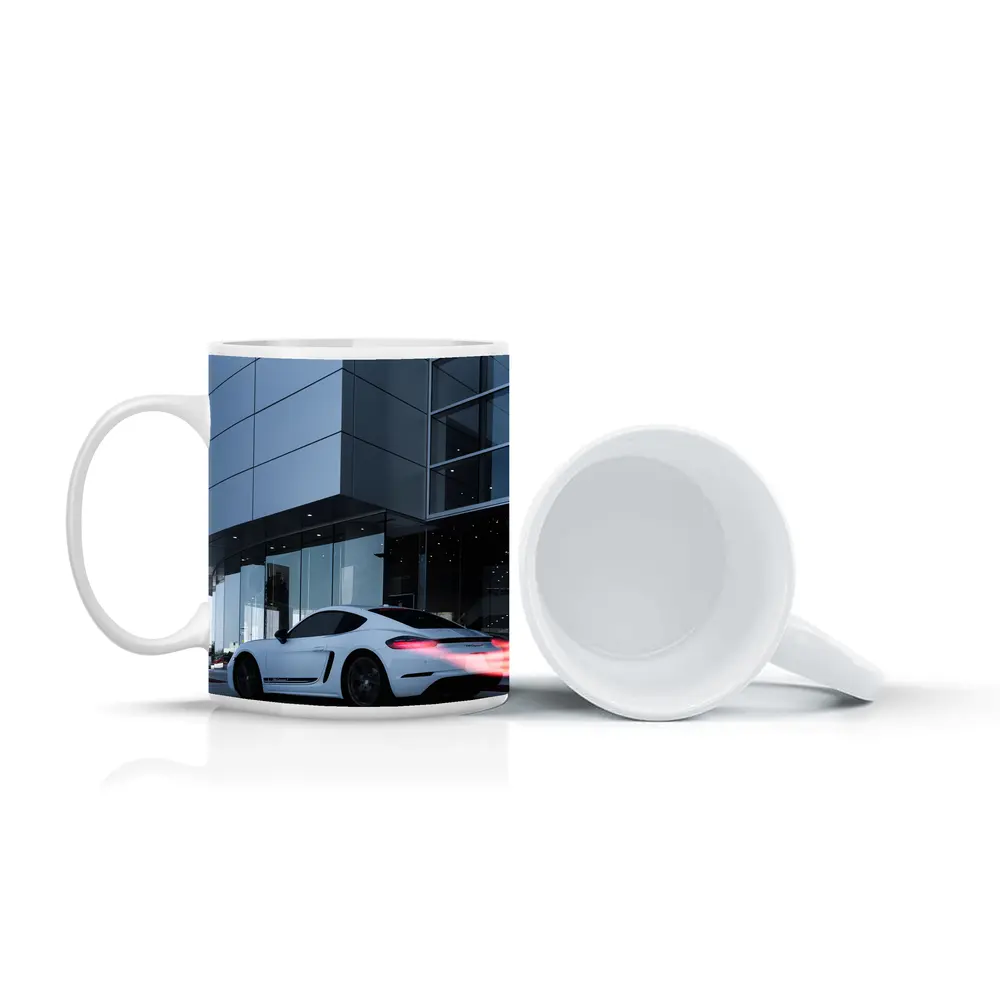 Porsche Cayman White Outside Modern Glass Building – Mugs
