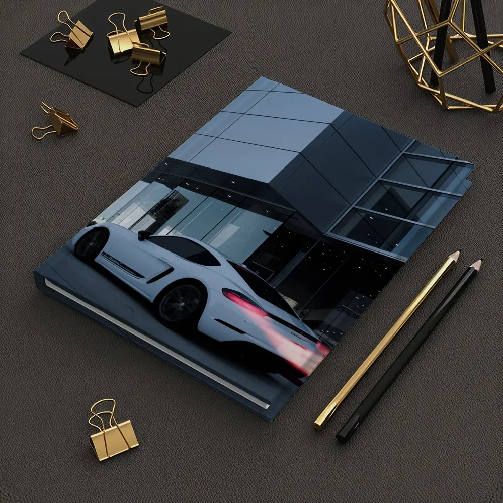 Porsche Cayman White Outside Modern Glass Building – Notebooks