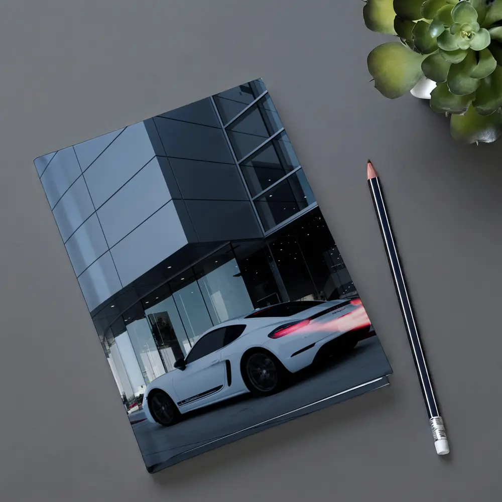Porsche Cayman White Outside Modern Glass Building – Notebooks