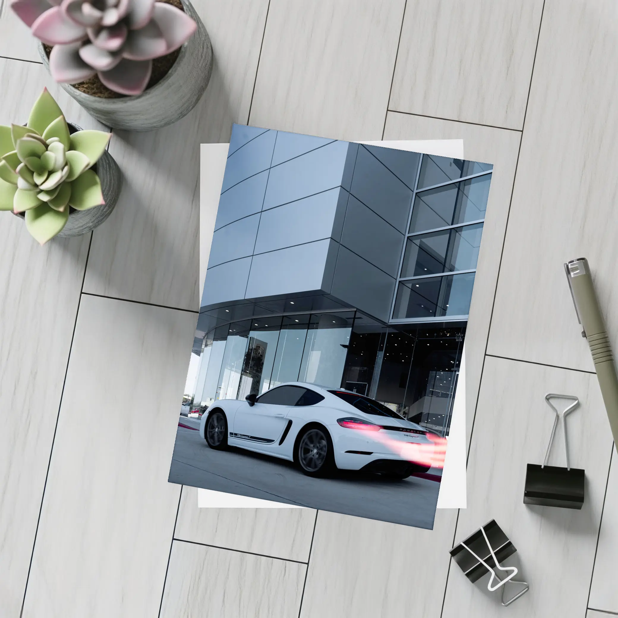 Porsche Cayman White Outside Modern Glass Building – Postcards