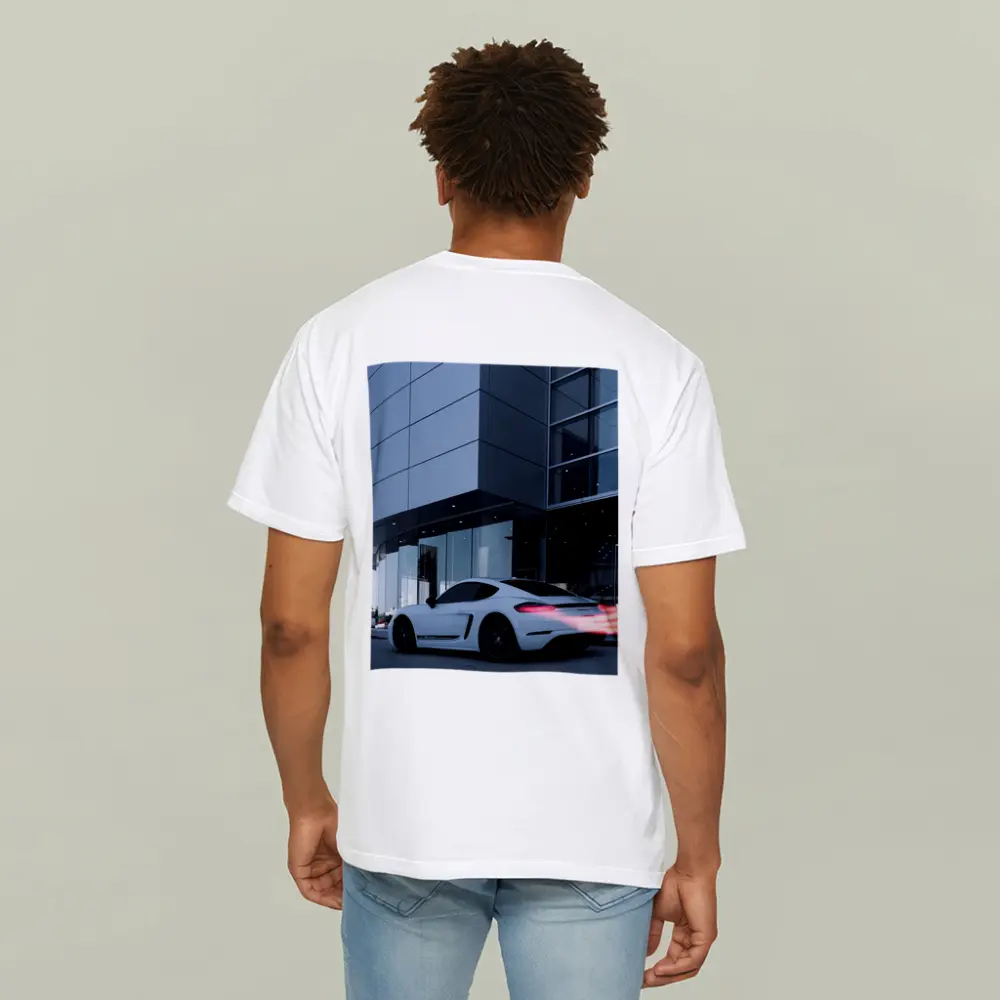 Porsche Cayman White Outside Modern Glass Building – T-Shirts