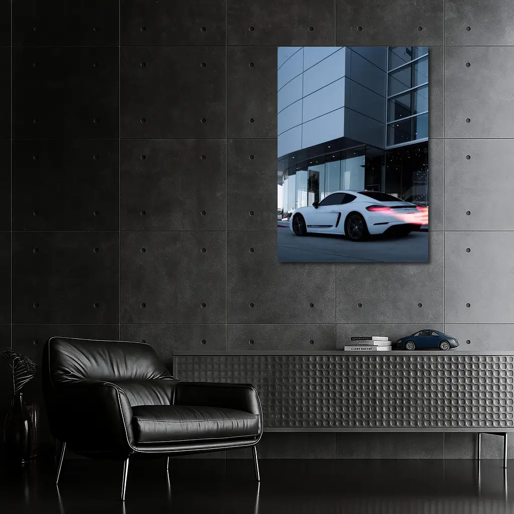 Porsche Cayman White Outside Modern Glass Building – Wall Art