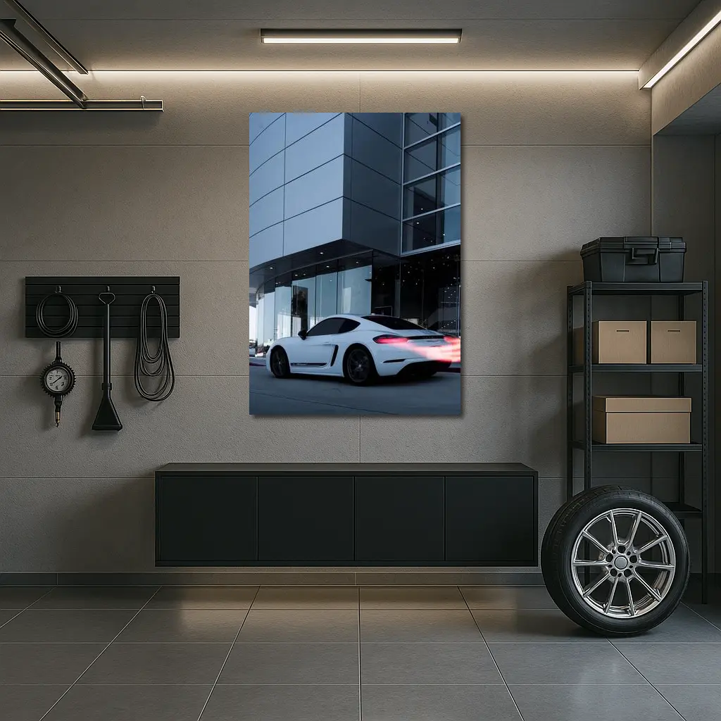 Porsche Cayman White Outside Modern Glass Building – Wall Art