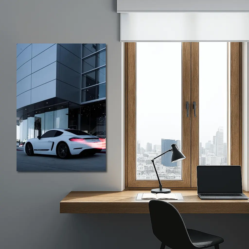 Porsche Cayman White Outside Modern Glass Building – Wall Art