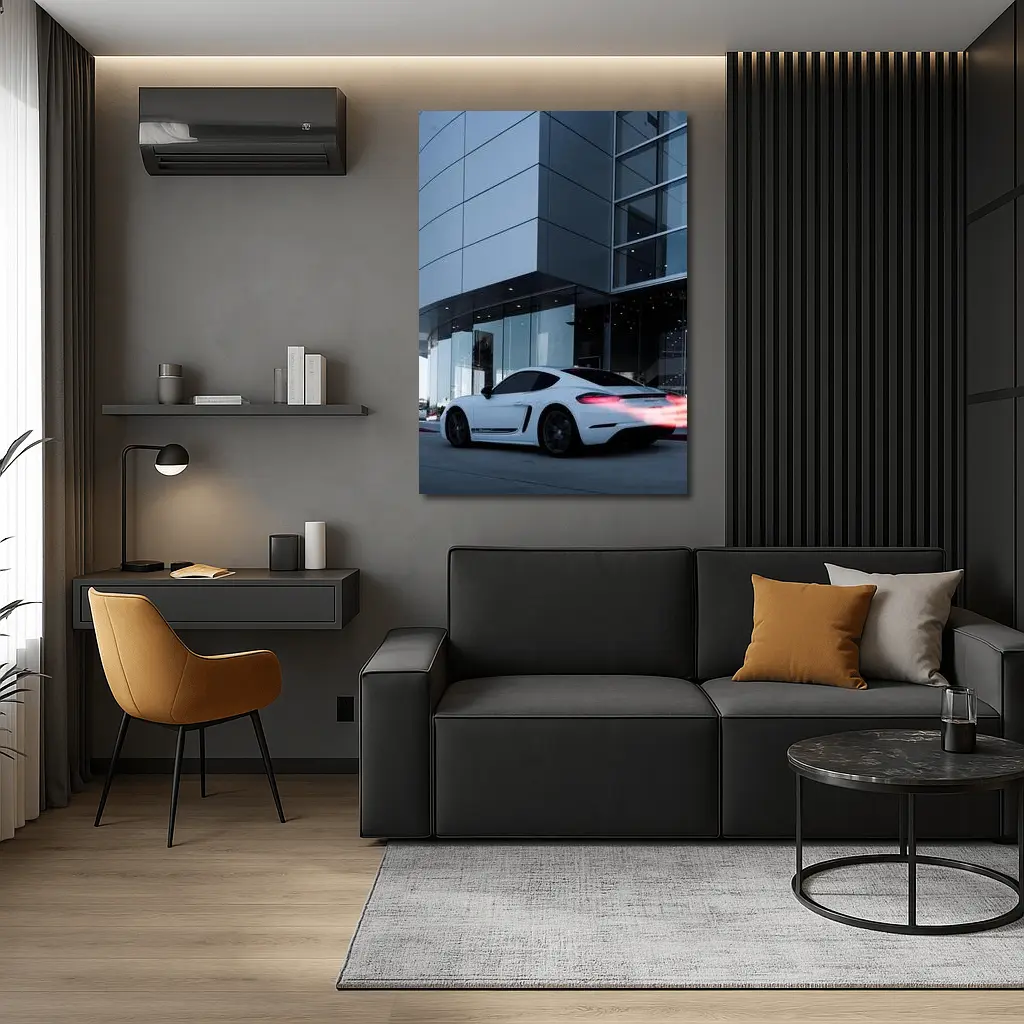 Porsche Cayman White Outside Modern Glass Building – Wall Art