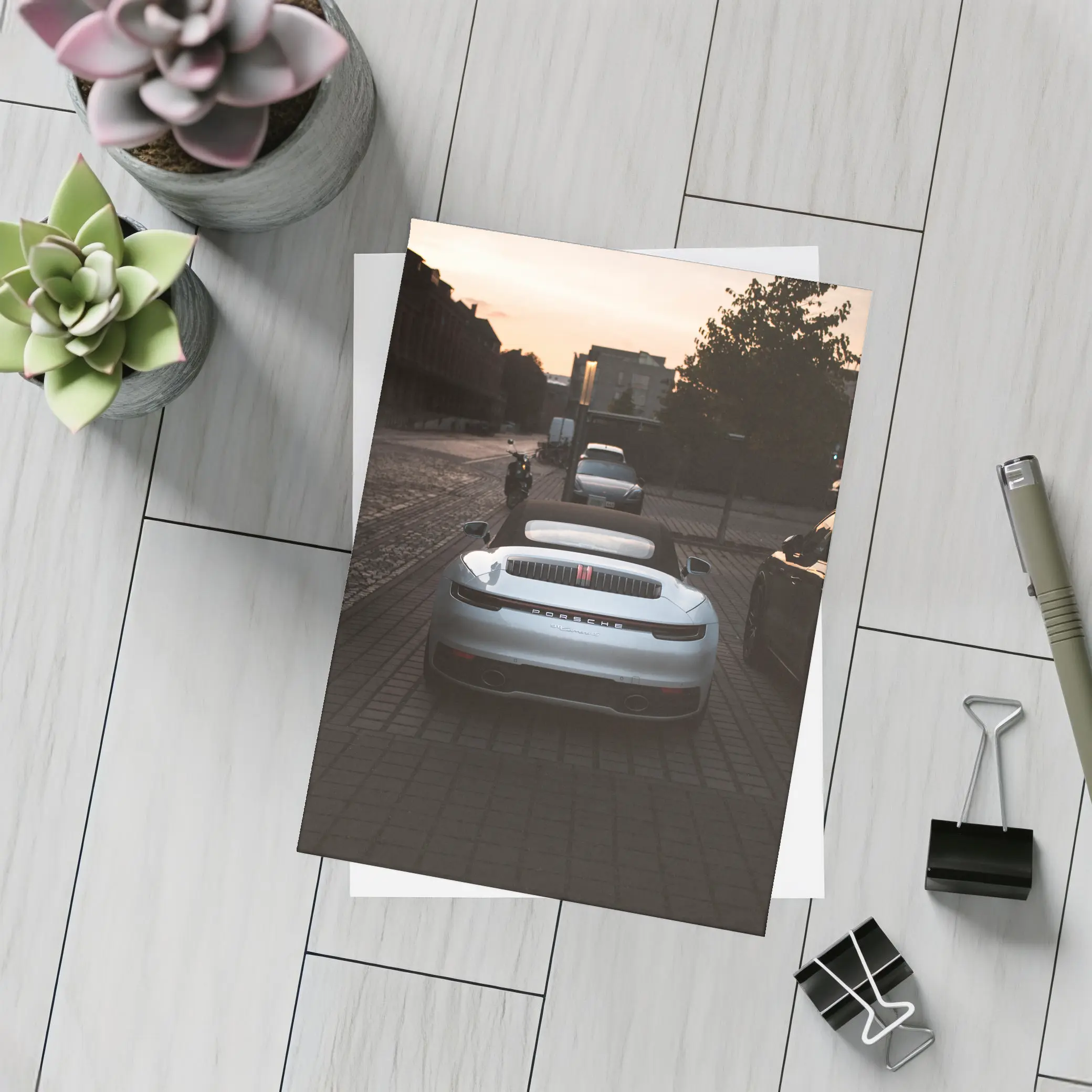 Porsche 911 Rear View Sunset Street – Postcards