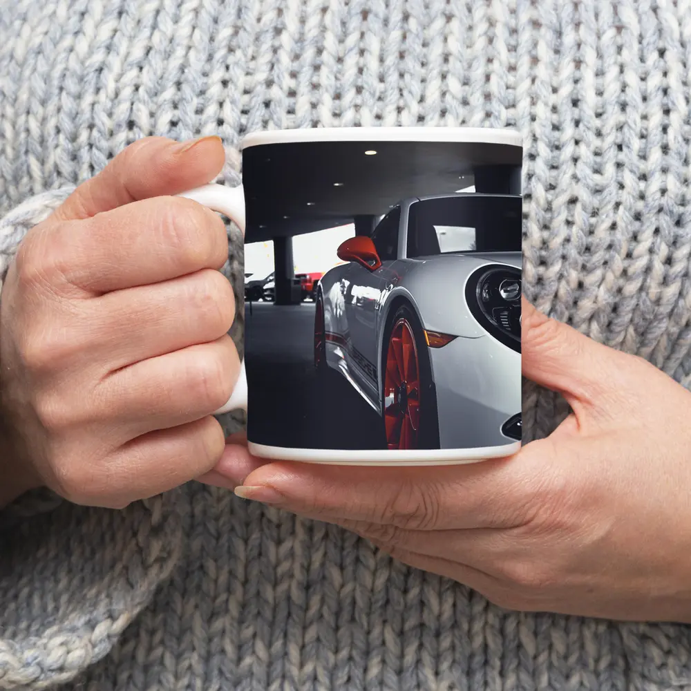 Porsche 911 White Red Wheels Parking Garage – Mugs
