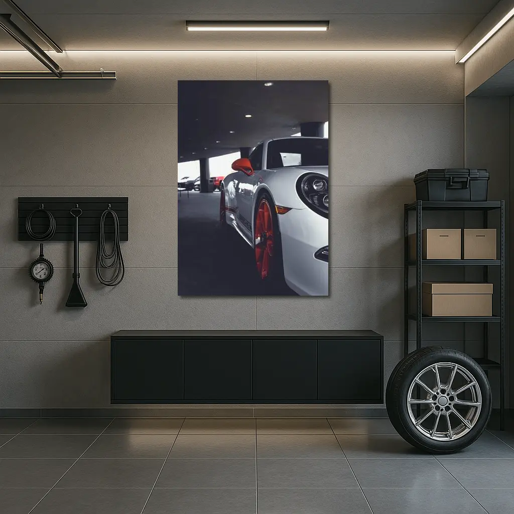 Porsche 911 White Red Wheels Parking Garage – Wall Art