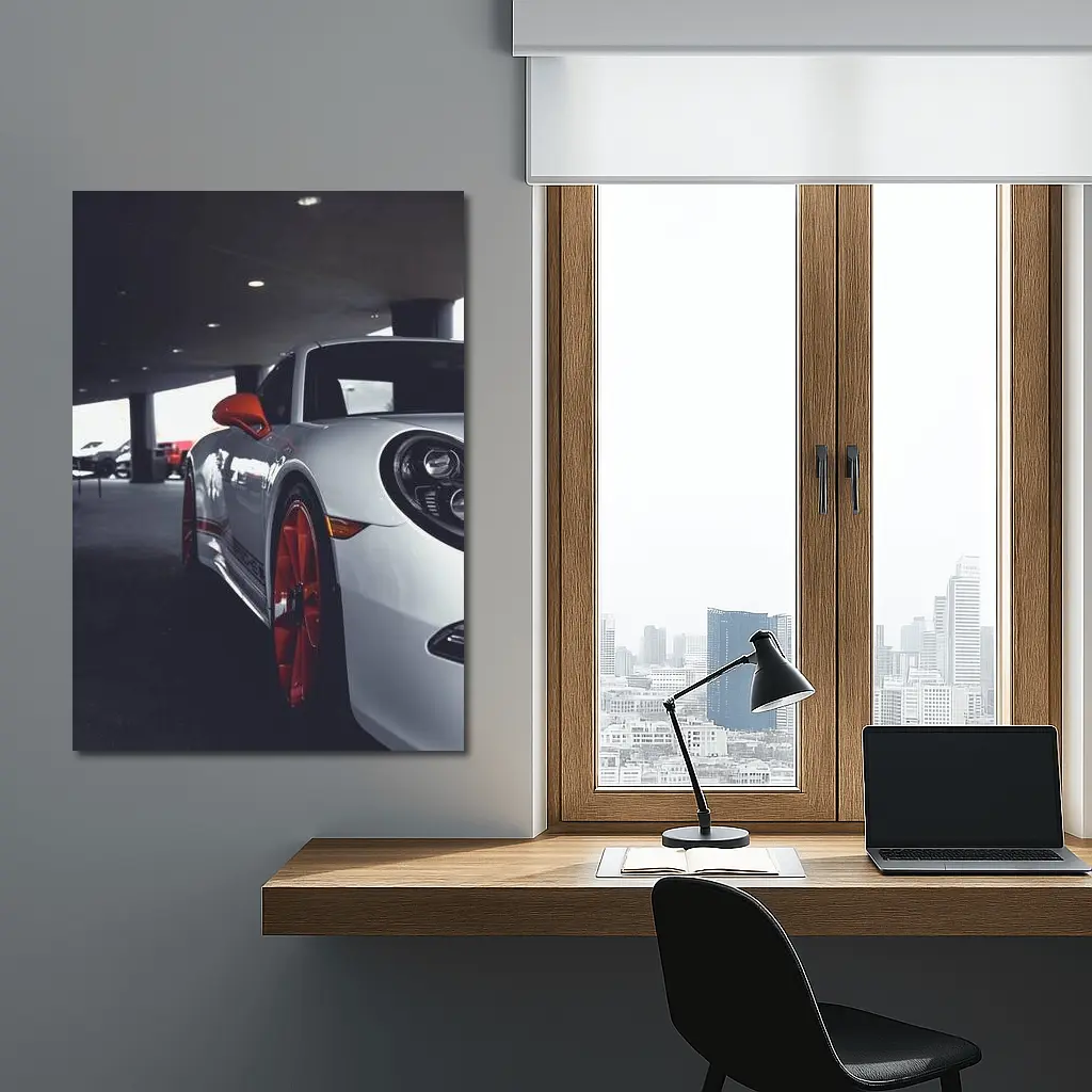 Porsche 911 White Red Wheels Parking Garage – Wall Art
