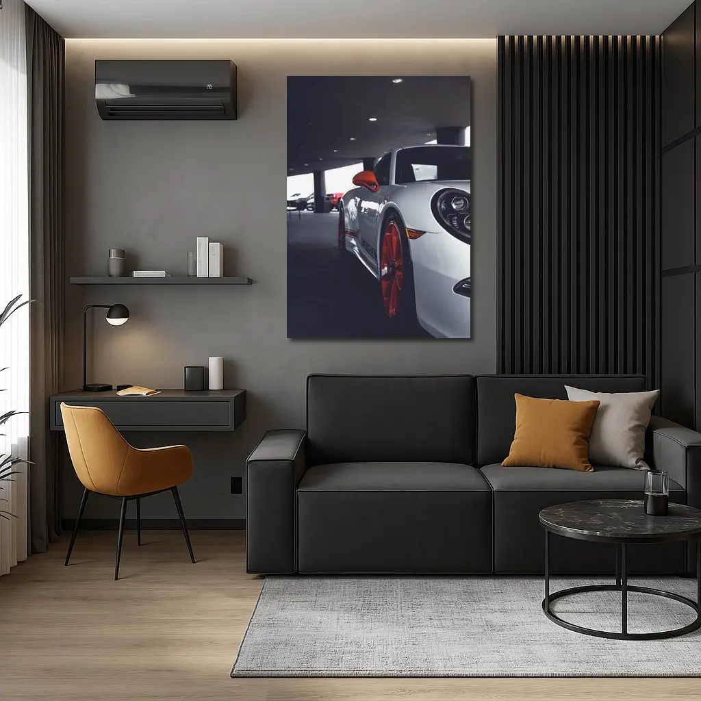Porsche 911 White Red Wheels Parking Garage – Wall Art