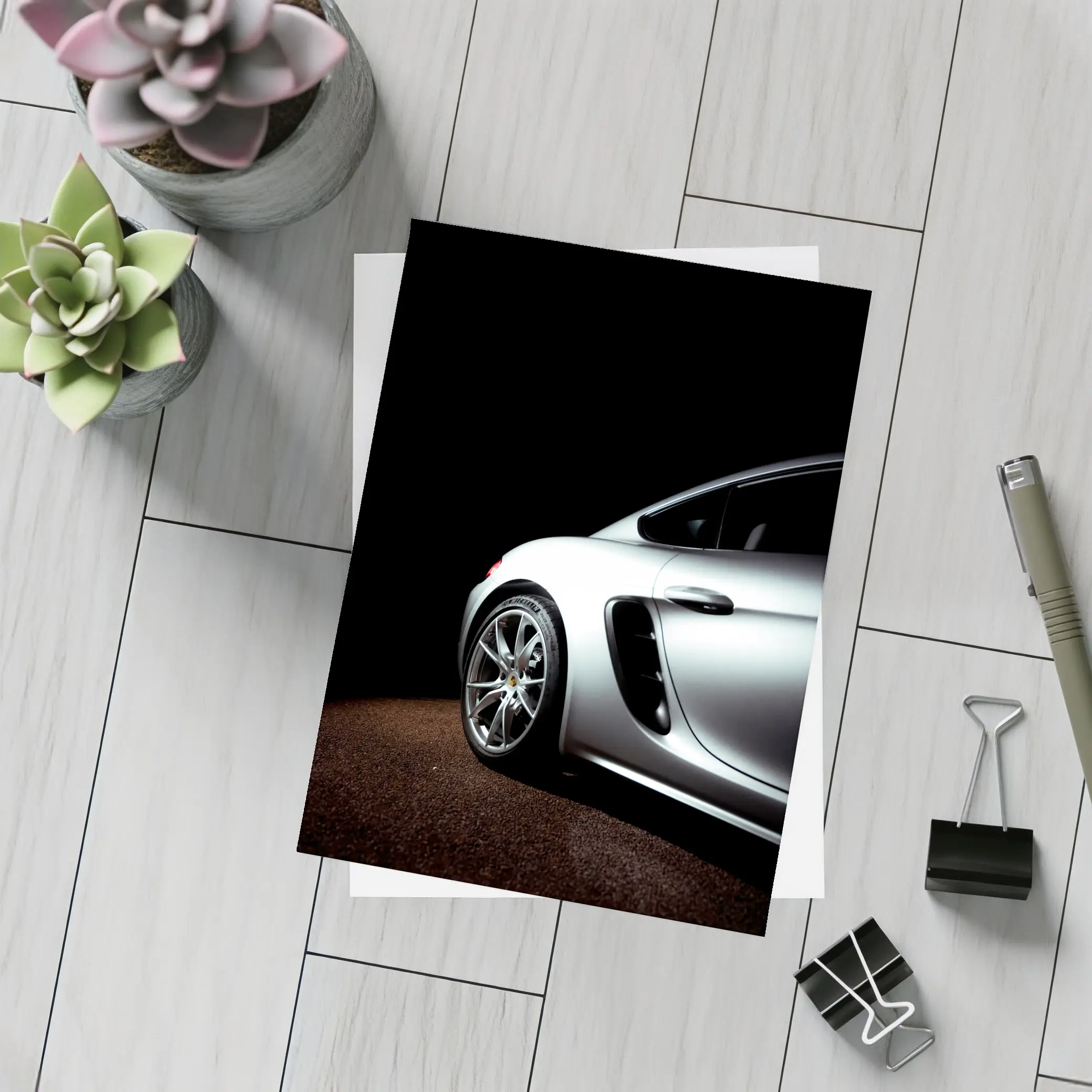 Porsche Cayman Silver Dark Studio Shot – Postcards