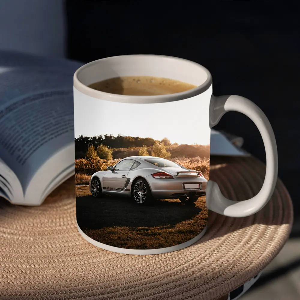 Porsche Cayman Silver Coupe Golden Hour Field – Mugs