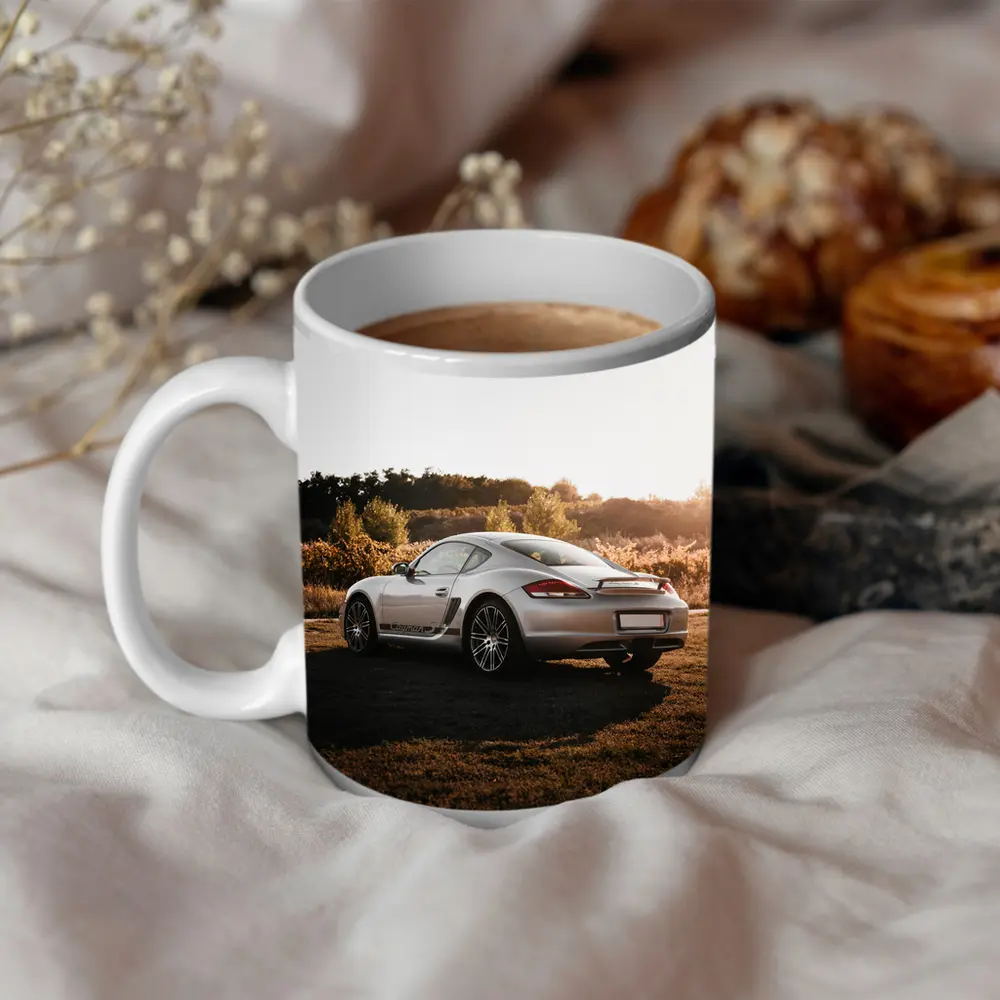 Porsche Cayman Silver Coupe Golden Hour Field – Mugs