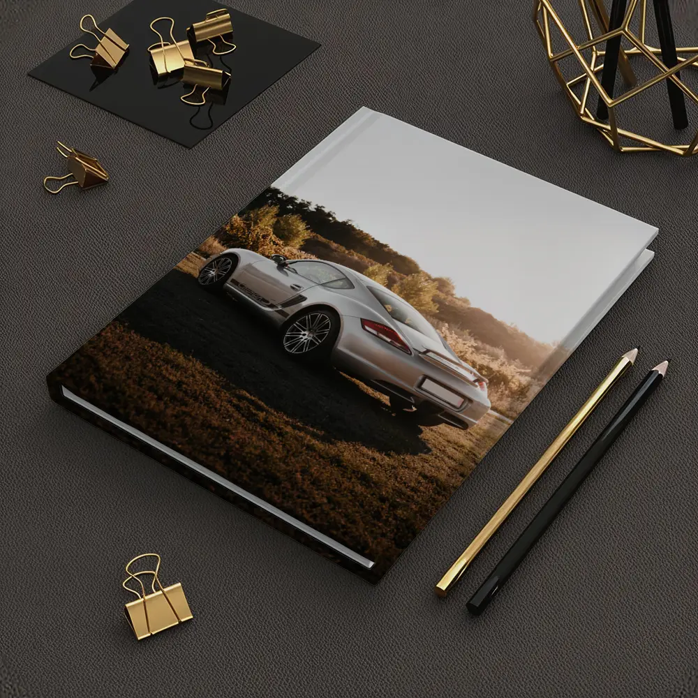 Porsche Cayman Silver Coupe Golden Hour Field – Notebooks