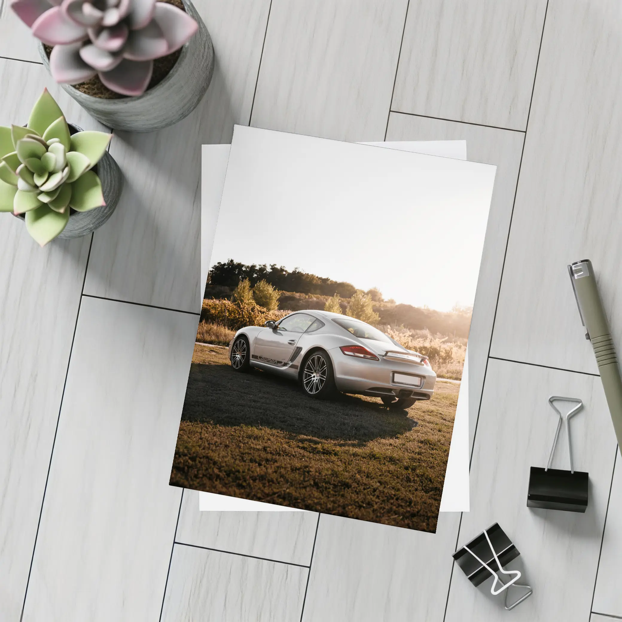 Porsche Cayman Silver Coupe Golden Hour Field – Postcards