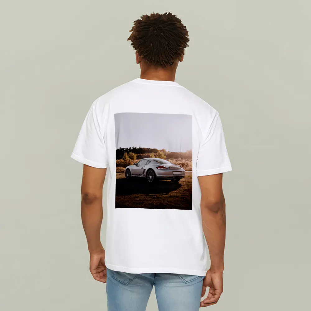 Porsche Cayman Silver Coupe Golden Hour Field – T-Shirts