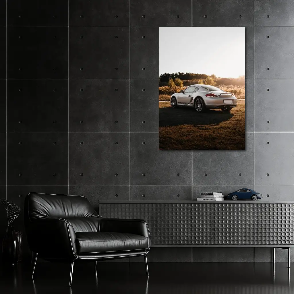 Porsche Cayman Silver Coupe Golden Hour Field – Wall Art