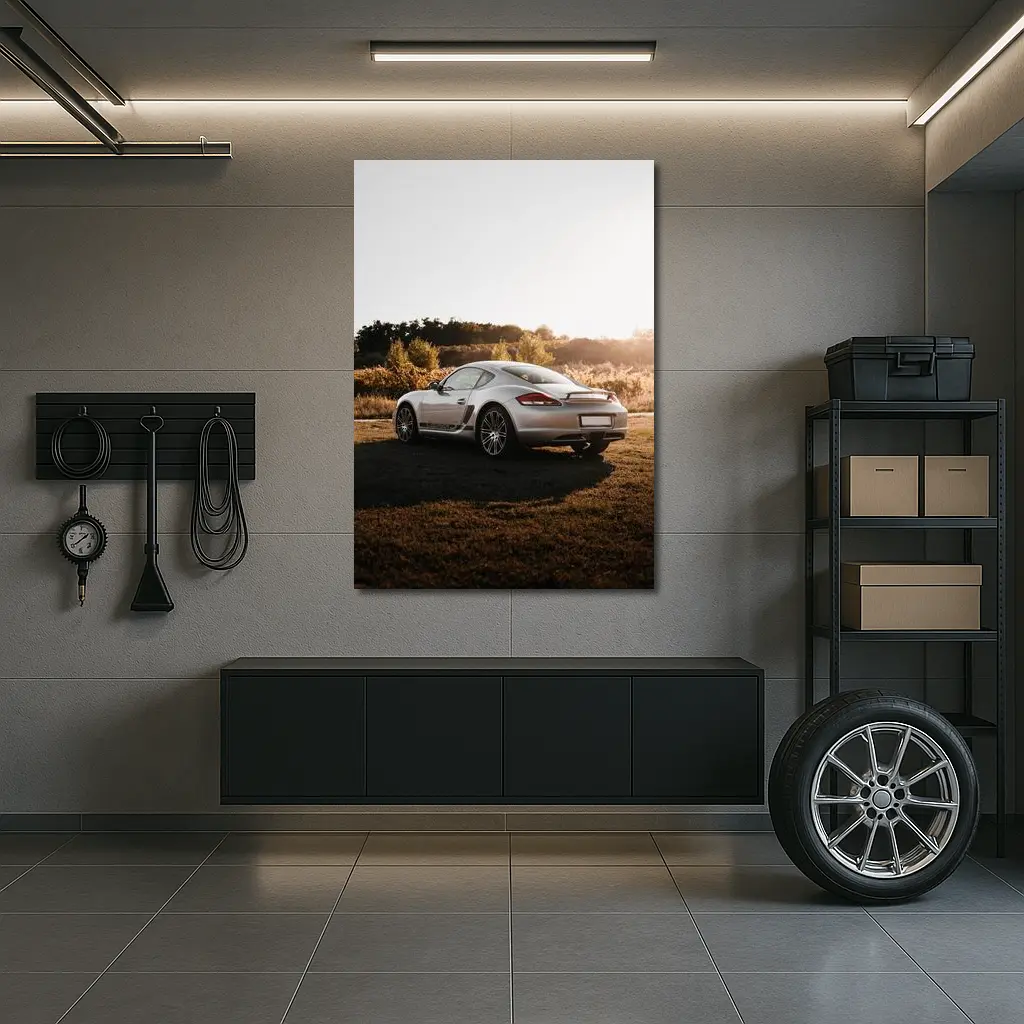 Porsche Cayman Silver Coupe Golden Hour Field – Wall Art