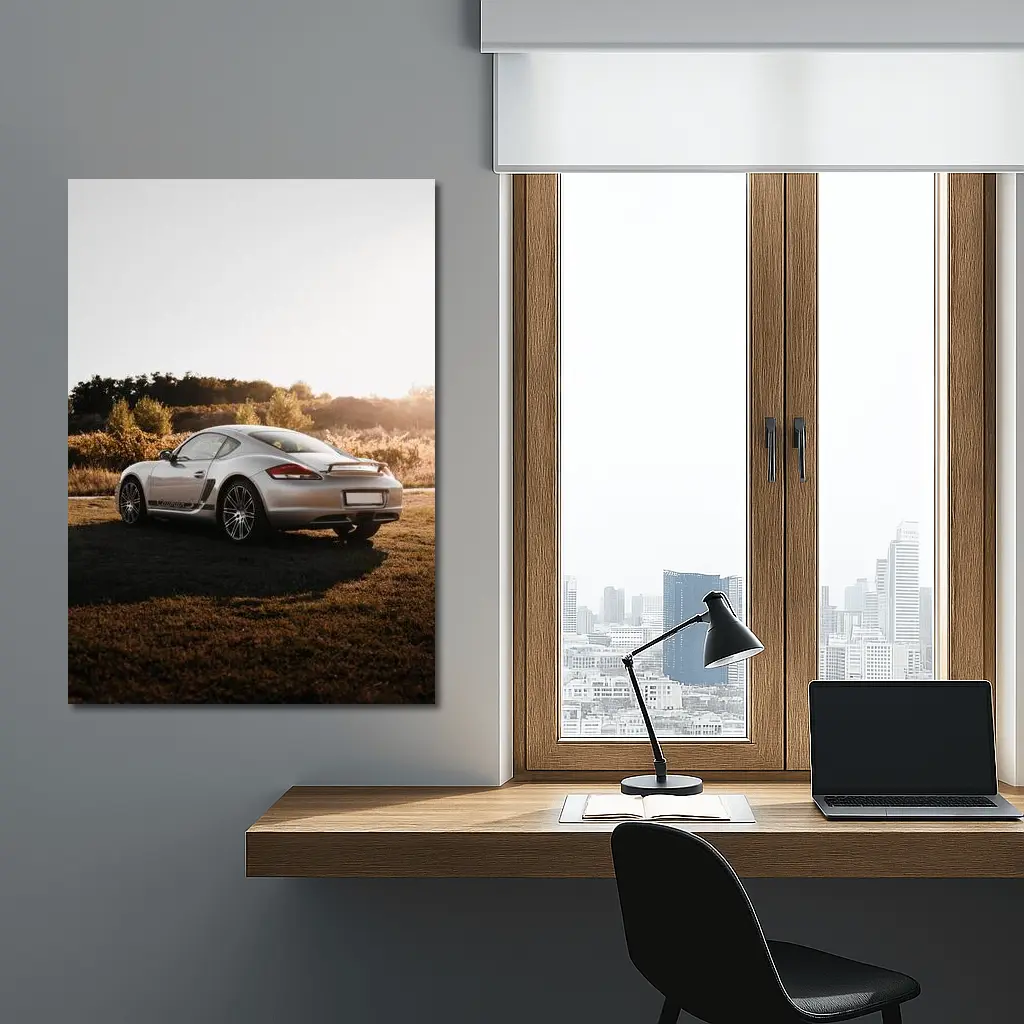 Porsche Cayman Silver Coupe Golden Hour Field – Wall Art