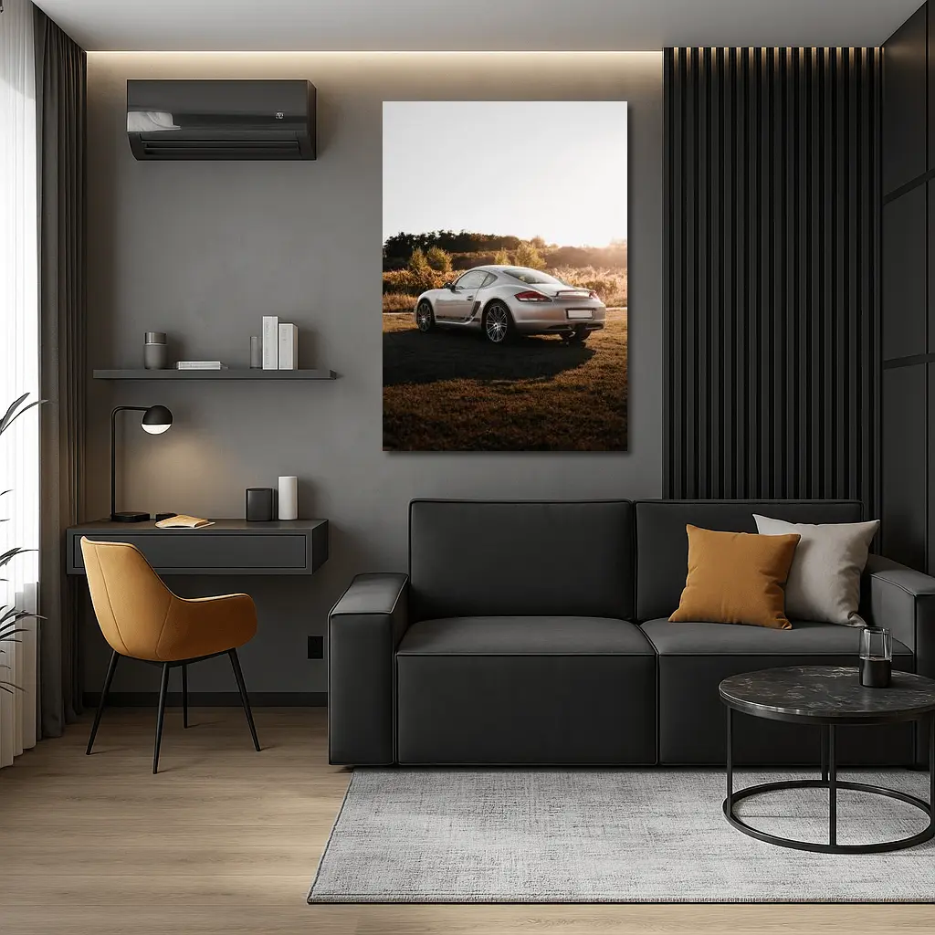 Porsche Cayman Silver Coupe Golden Hour Field – Wall Art