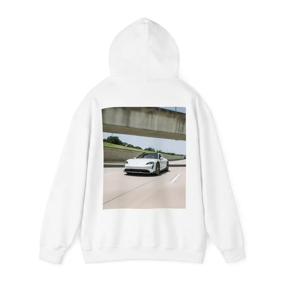 Porsche Taycan White on Open Highway – Hoodies