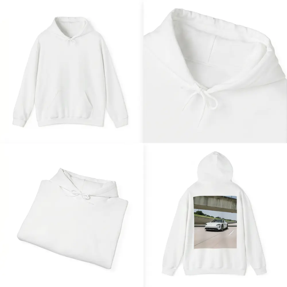 Porsche Taycan White on Open Highway – Hoodies