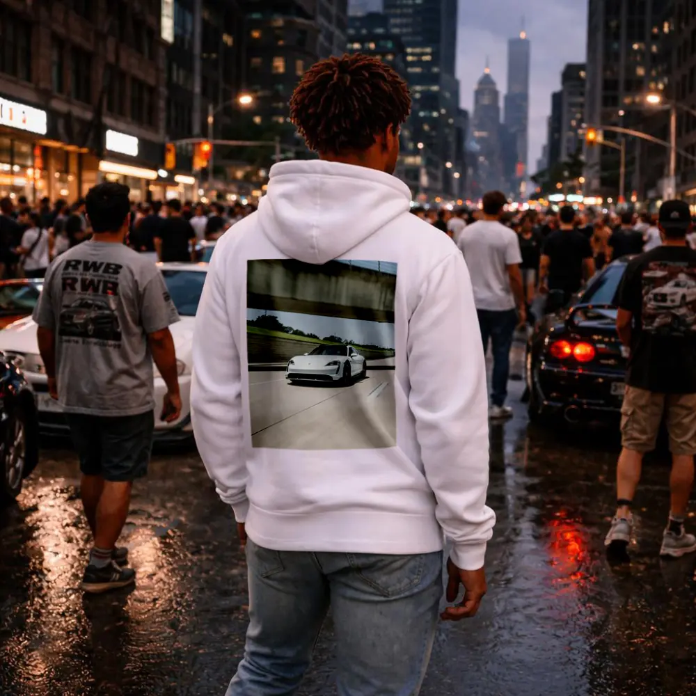 Porsche Taycan White on Open Highway – Hoodies