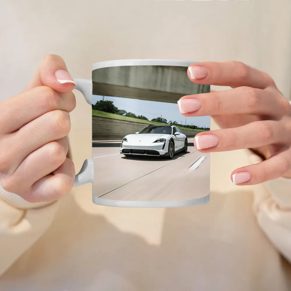 Porsche Taycan White on Open Highway – Mugs