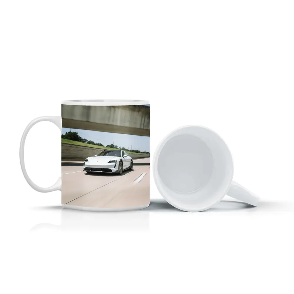 Porsche Taycan White on Open Highway – Mugs