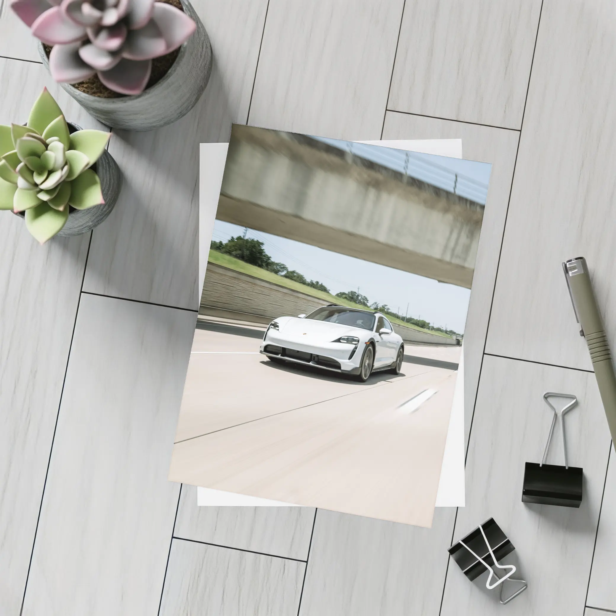Porsche Taycan White on Open Highway – Postcards