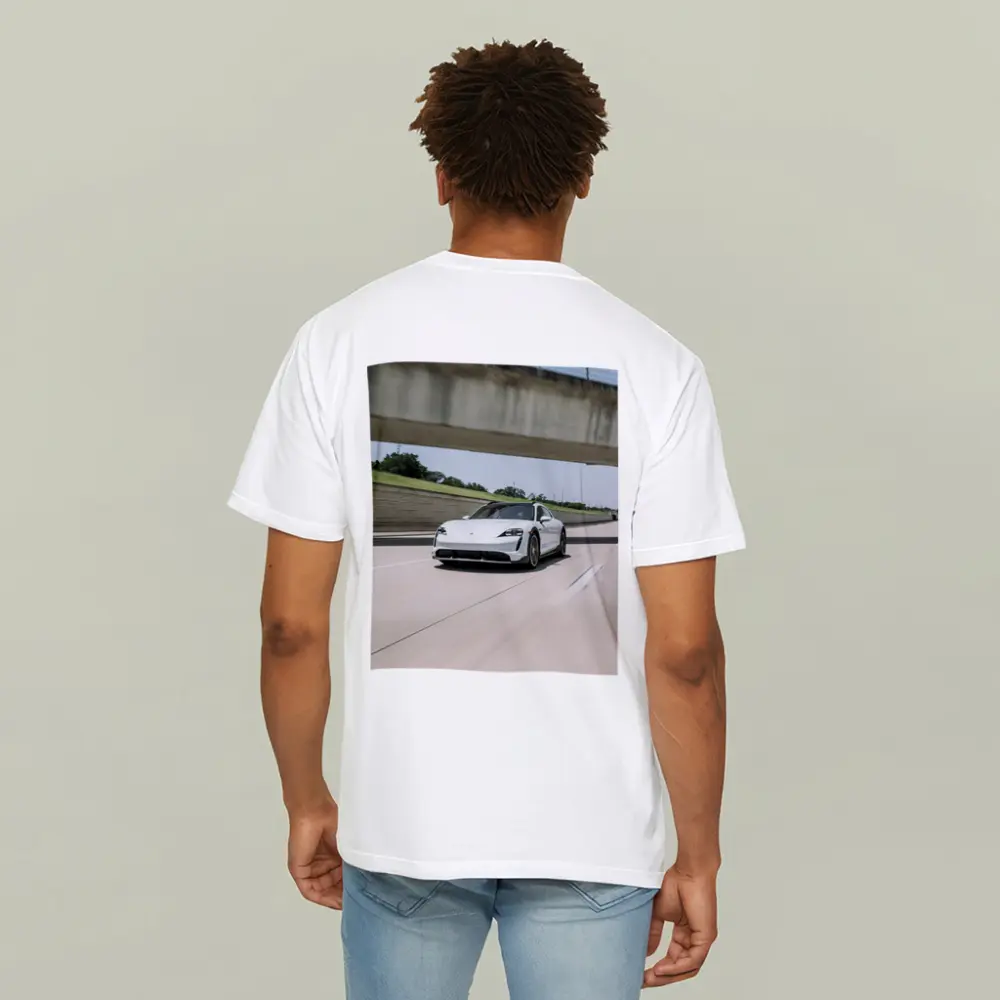Porsche Taycan White on Open Highway – T-Shirts