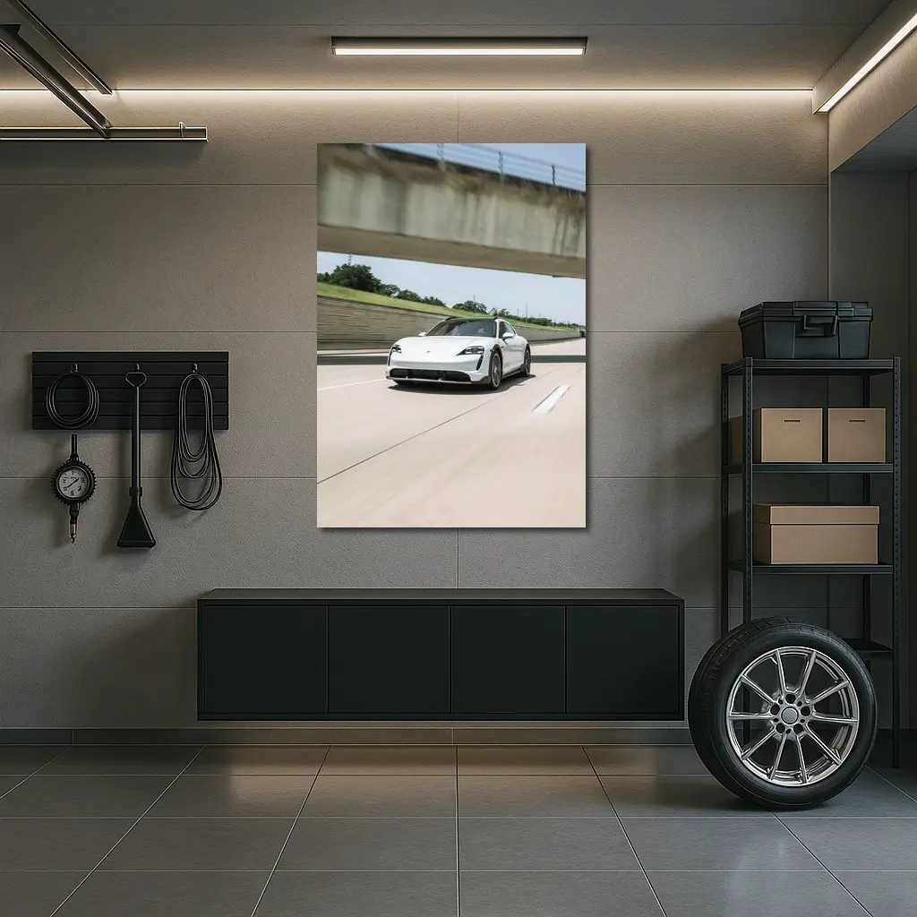 Porsche Taycan White on Open Highway – Wall Art