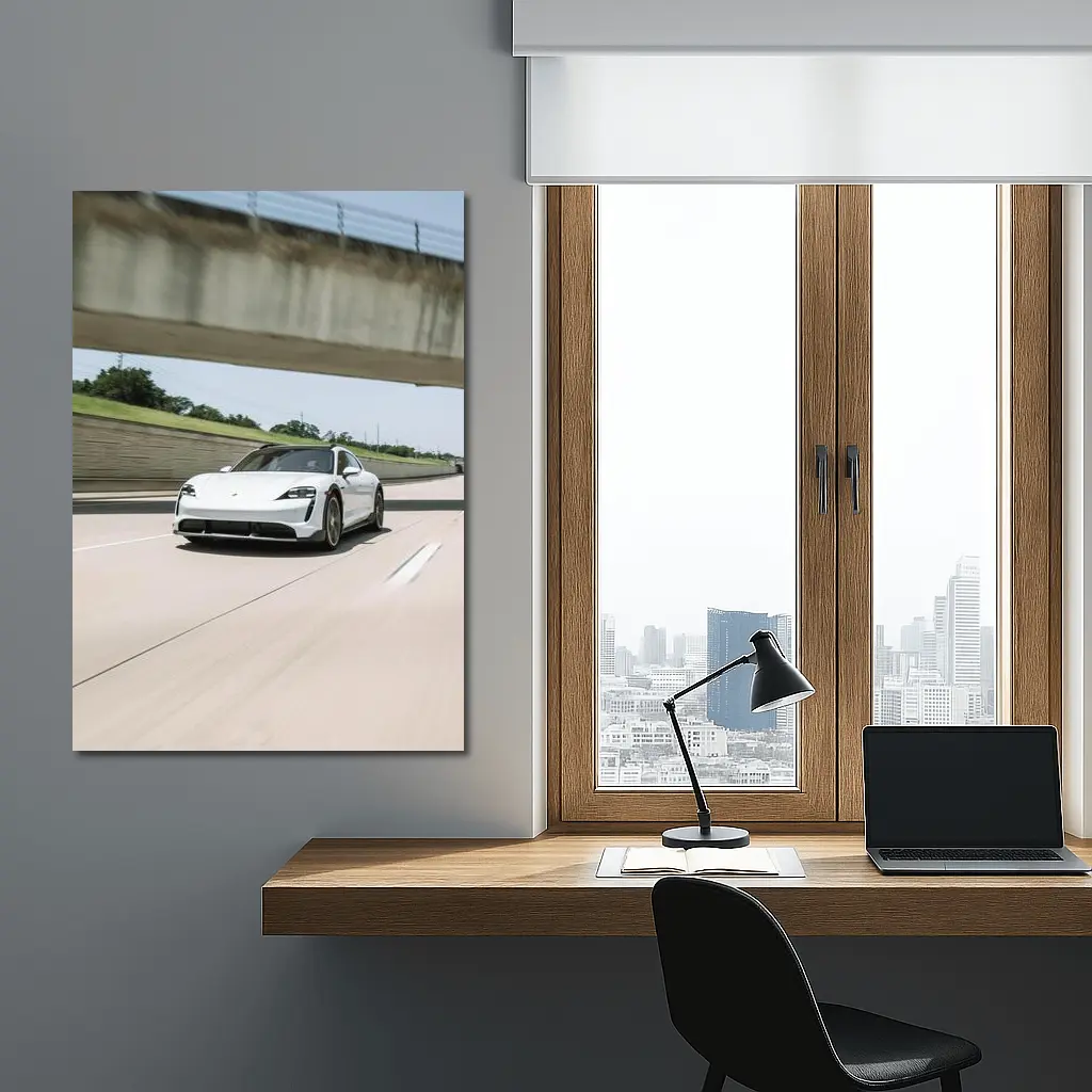 Porsche Taycan White on Open Highway – Wall Art