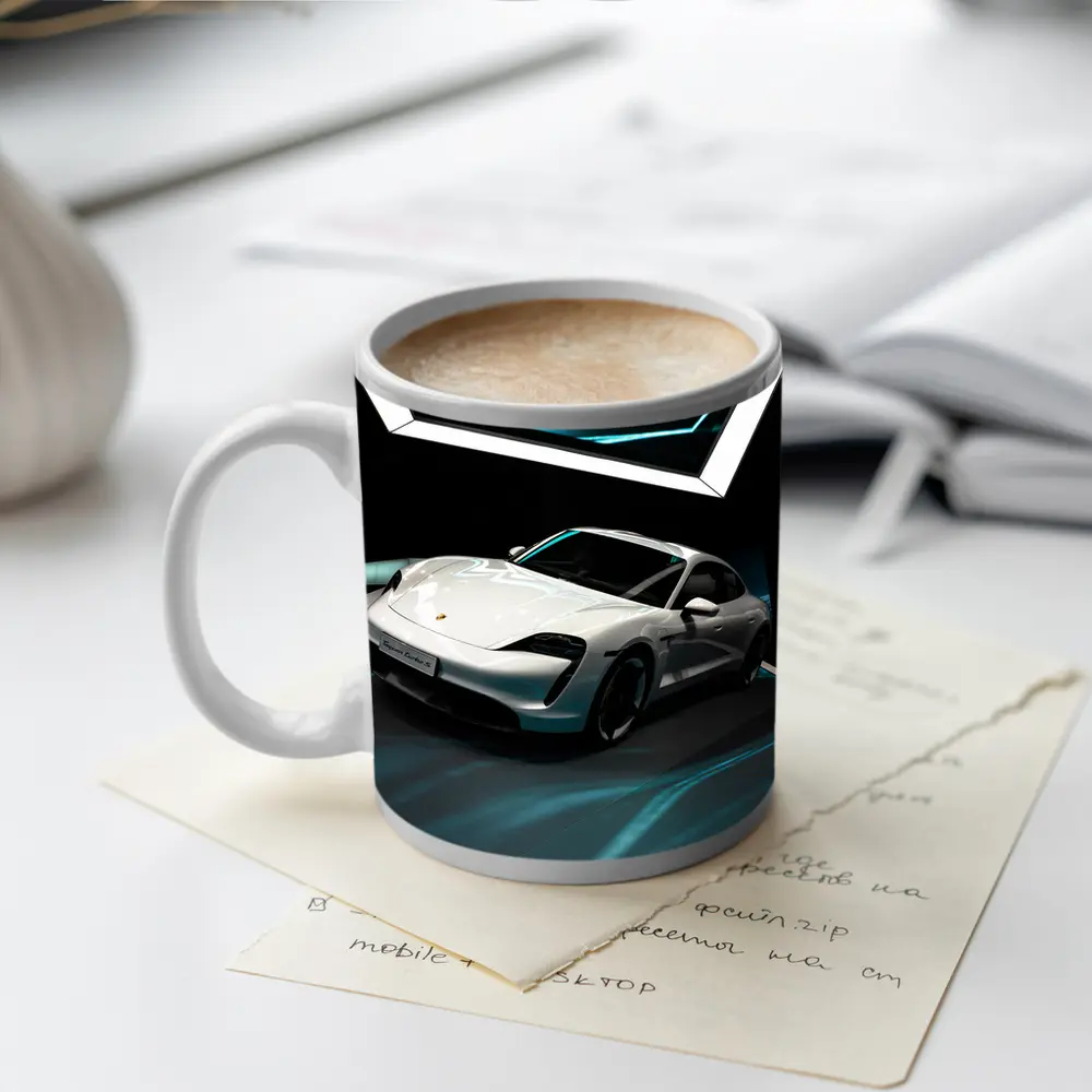 Porsche Taycan White Neon Tunnel Art – Mugs