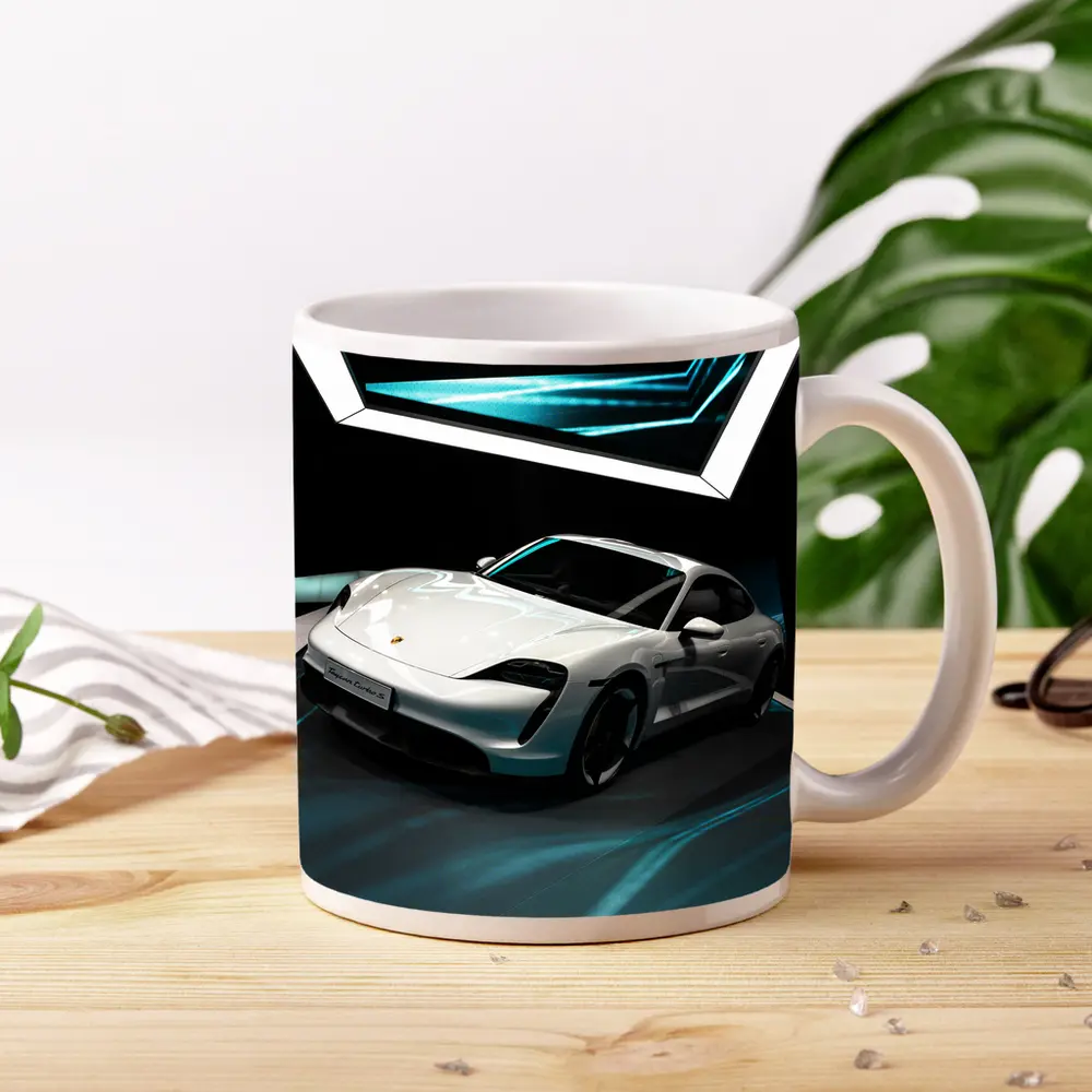 Porsche Taycan White Neon Tunnel Art – Mugs