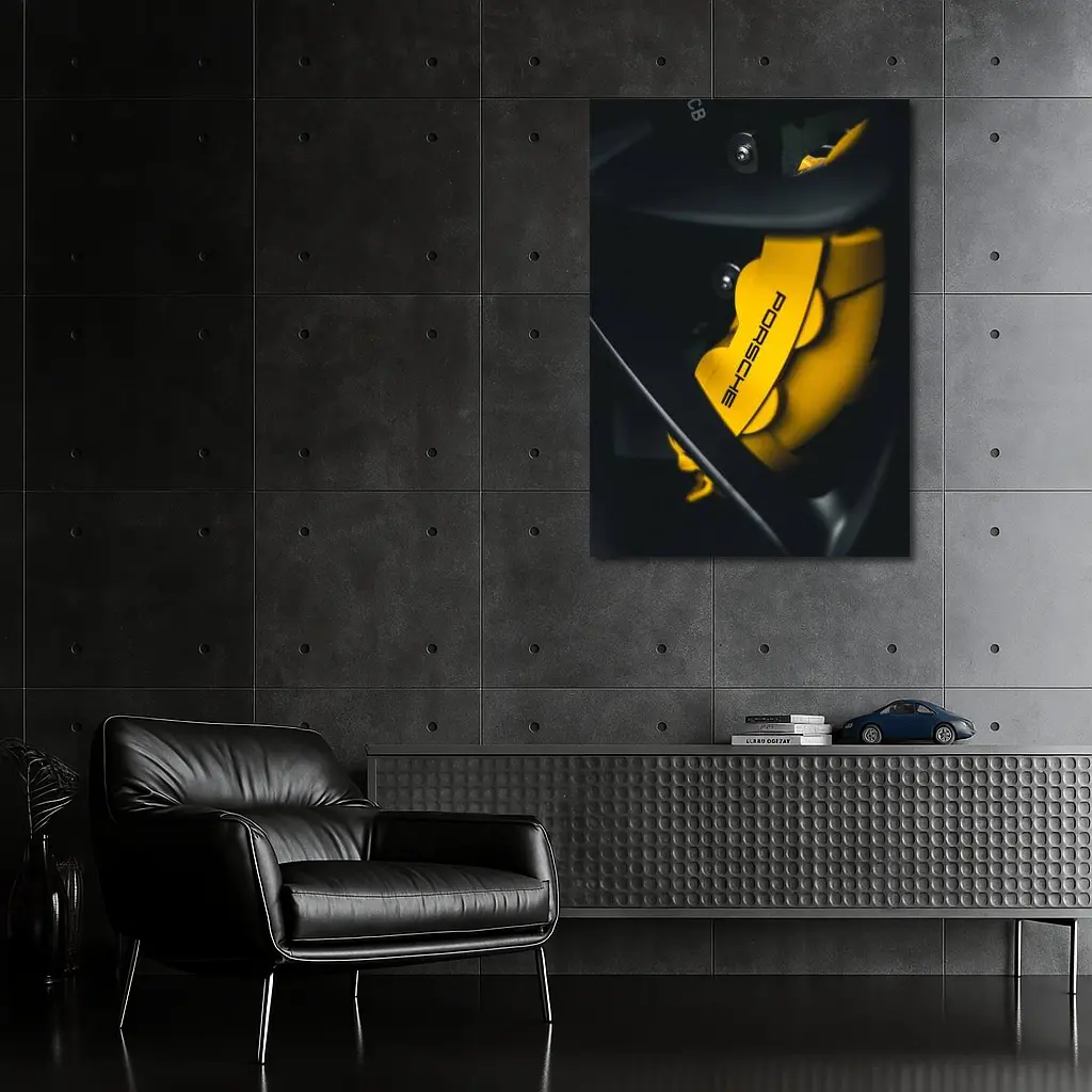 Porsche Yellow Brake Caliper Dark Background – Wall Art
