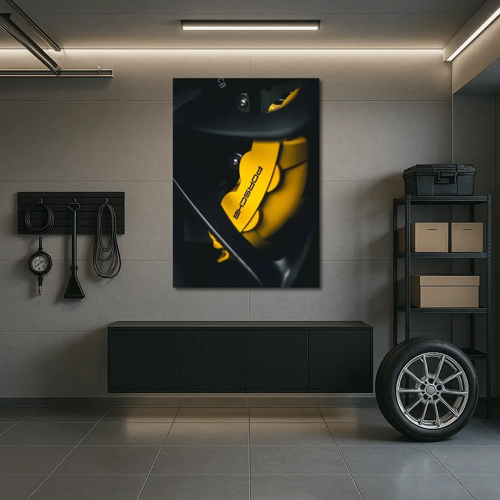 Porsche Yellow Brake Caliper Dark Background – Wall Art