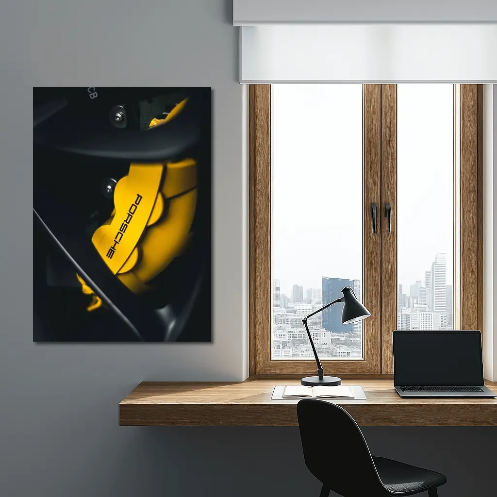Porsche Yellow Brake Caliper Dark Background – Wall Art