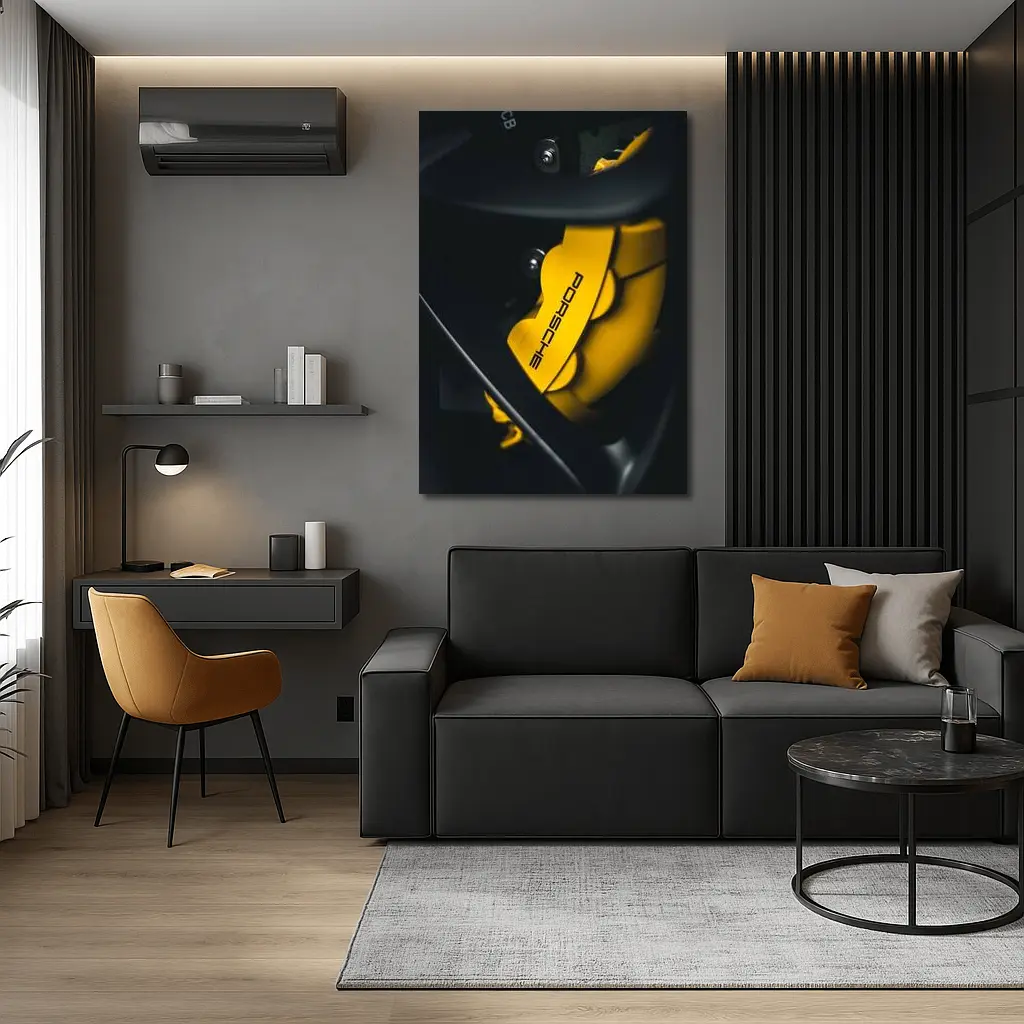Porsche Yellow Brake Caliper Dark Background – Wall Art